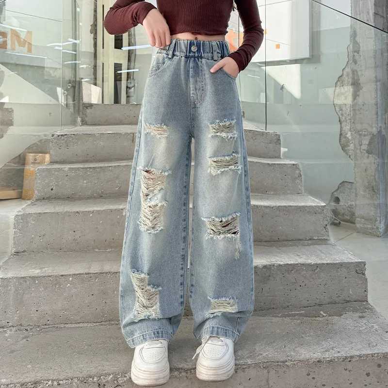 Cowgirl Ripped Jeans With Hole Kids Girls Casual Style Destroyed Denim Pants Spring Autumn Child High Street Trousers ClothesT250326