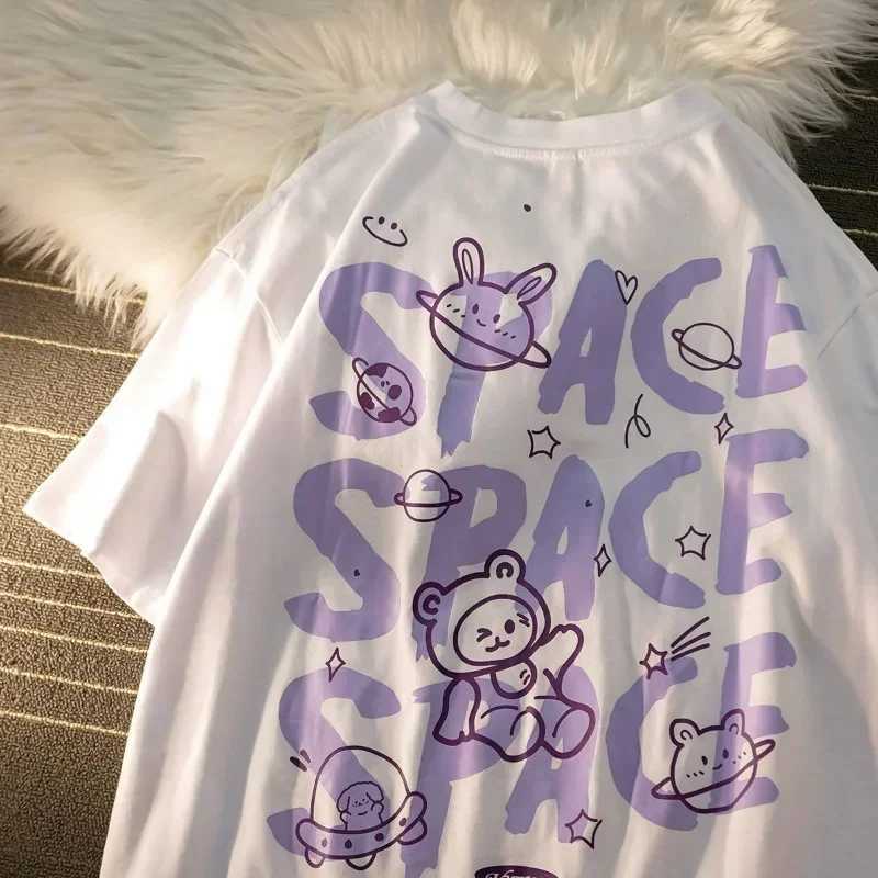 Womens T-shirt bear graffiti Harajuku short sleeved space printed oversized T-shirt loose retro style couple shirt Y2k topT250320