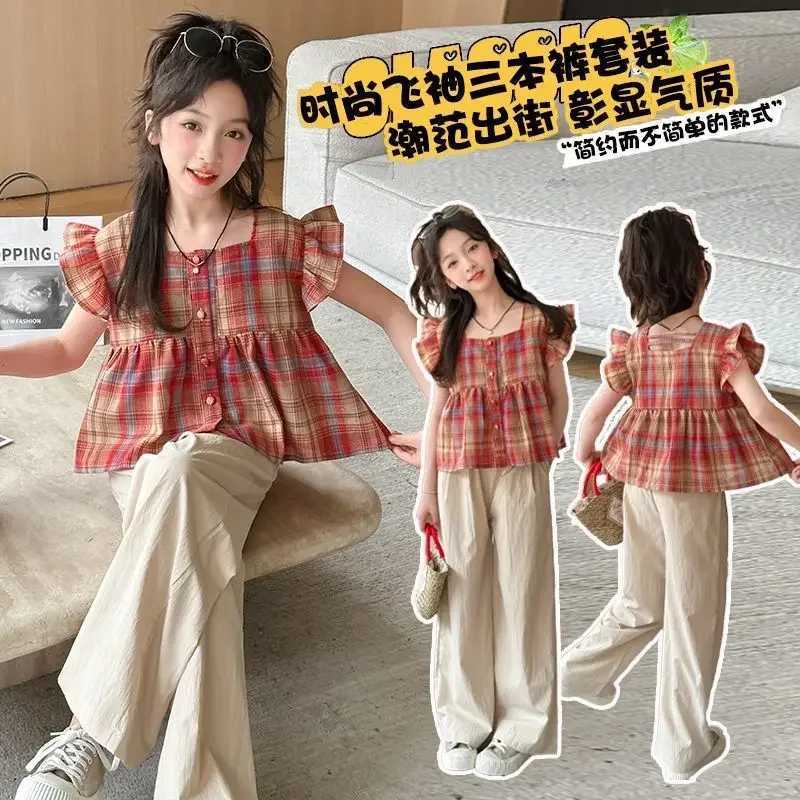 Girls summer flying sleeve short-sleeved doll suit 2024 new fashionable medium-sized big boy girl plaid two-piece set trendyT250320