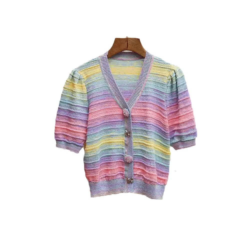 Shenzhen Nanyou High End European Women's Summer New Collection Reduced Age Rainbow Gradient Handmade Crystal Button Knitted Shirt Top