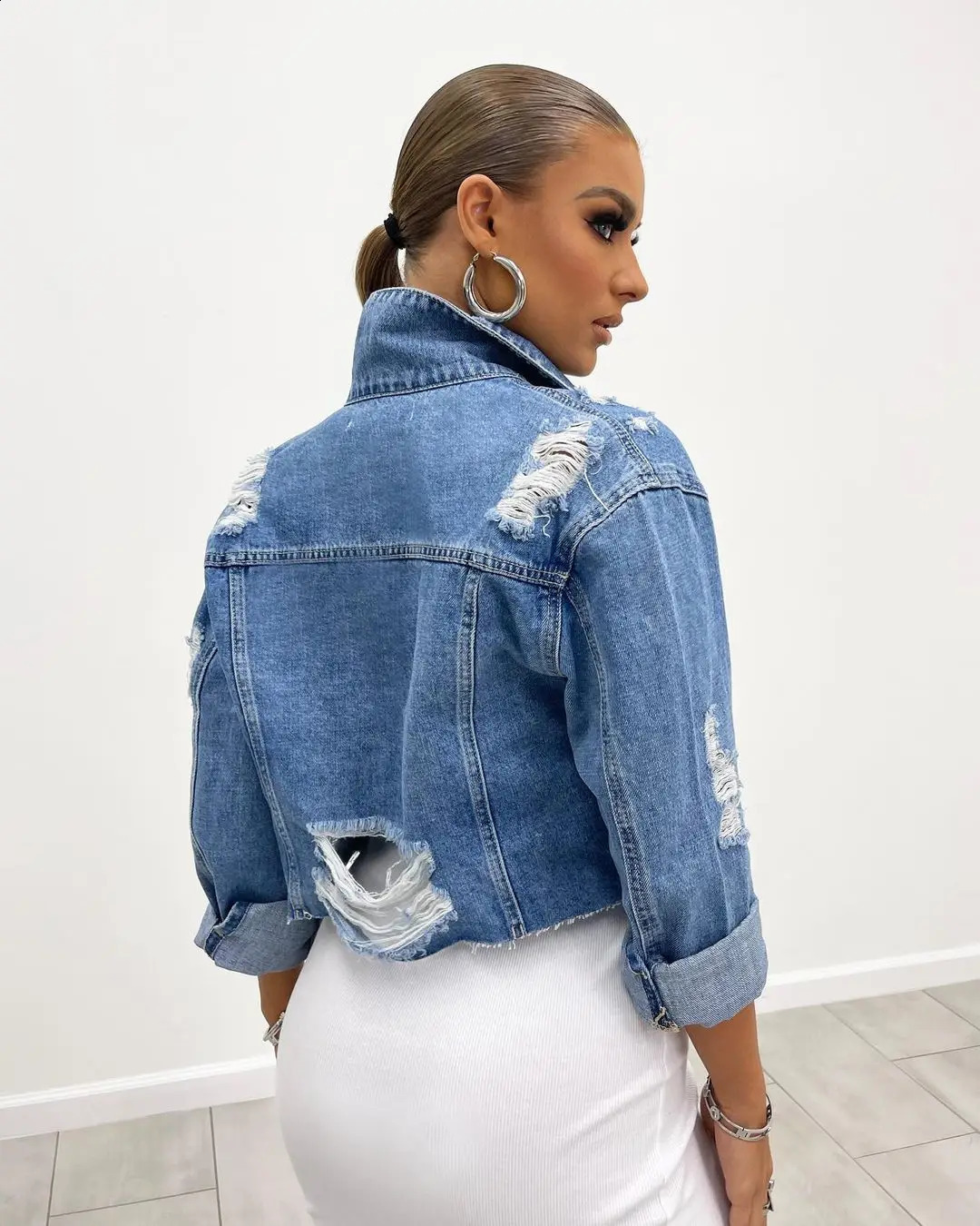Womens Denim Coat Short Coats Hole Turn Down Collar Jackets Single Breasted Y2k Streetwear Open Stitch Outerwear Spring Casual 250319