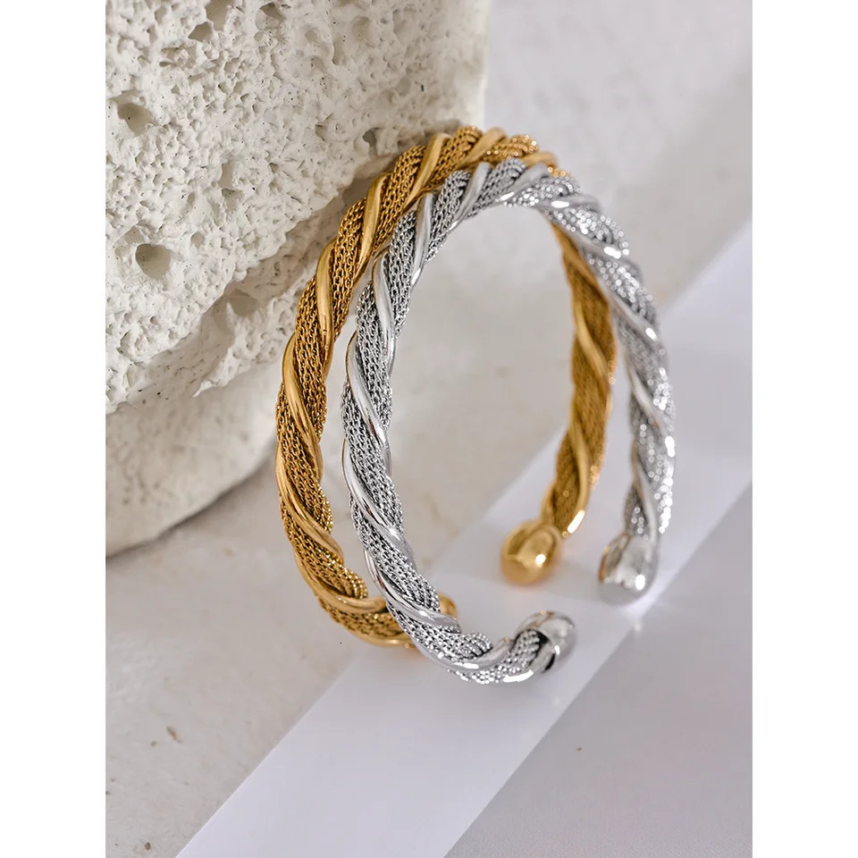 Yhpup Waterproof Stainless Steel Twisted Round Cuff Open Bracelet Bangle for Women Texture Metal Statement Jewelry Gift 250320