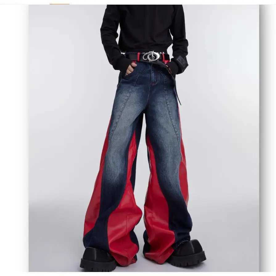 Y2k mens retro washed and spliced jeans new hip-hop punk PU leather pocket jeans casual black denim Trousers streetwearT250319