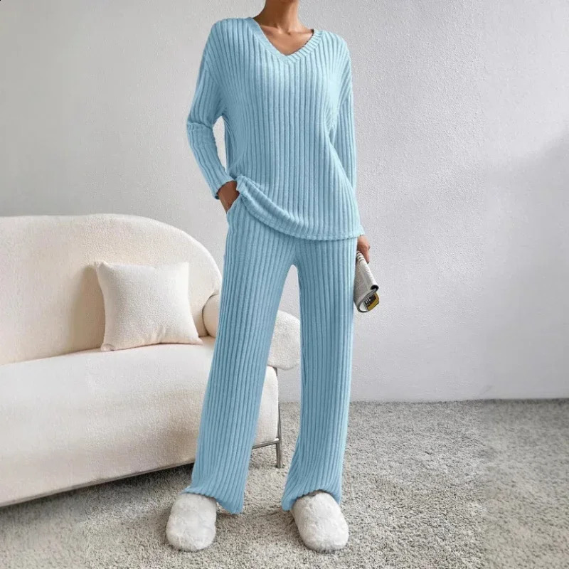 Two Piece Sets Outifits 2025 Spring and Autumn Fashion Casual Straightleg Pants Loose Vneck Pit Strip Knitted Suit 250319