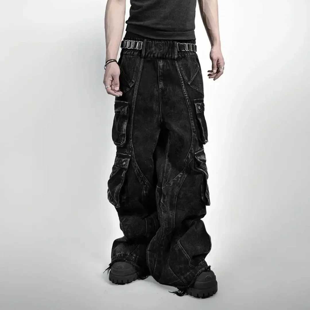 American retro gothic black Y2K washed multi pocket patchwork original edge jeans mens loose street trend hip-hop rap wide leg pantsT250319