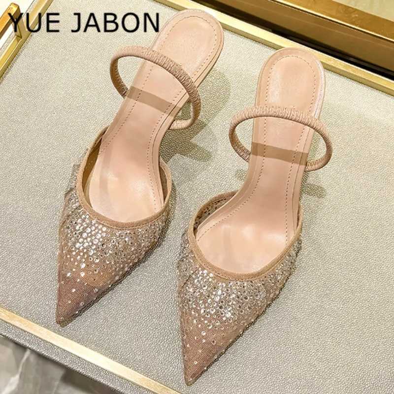 Nude Summer Womens Sandals Rhinestone Bright Mesh High Heels Footwear Elegant Slingback Pointed Slip on Party Lady Pumps ShoesC250319