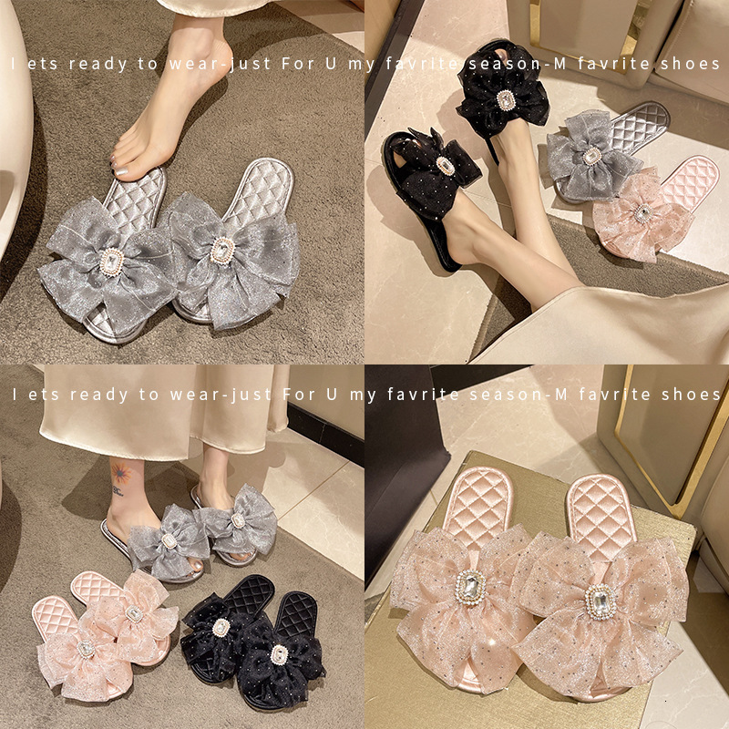 2025 New Design Fairy Style Sandals Women's Bow Satin Flat Slippers Summer Casual Outdoor Cute Soft Bottom Dress Slippers