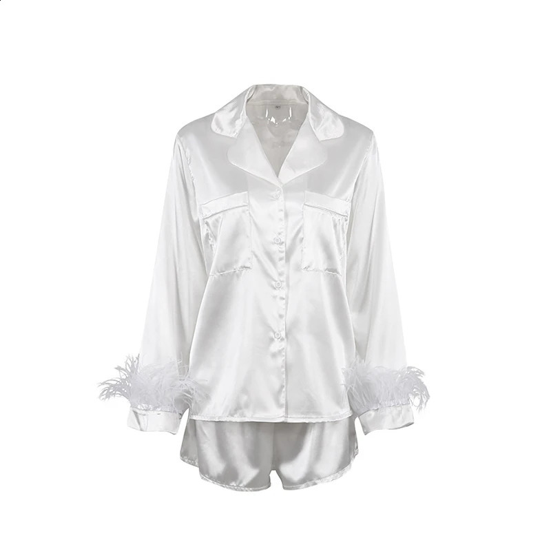 Women 2PCS Pajamas Patchwork Feather Cuffs Solid Color Long Sleeve Lapel Button Shirt with Short Pants Loose Loungewear Outfits 250319