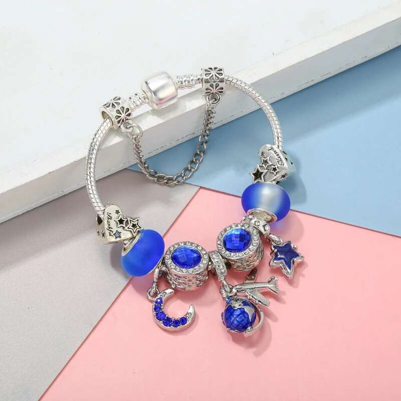 Blue Style High-Quality Charms Bracelets For Women With Snake Chain Globe Aircraft Charms Beads Pendants Jewelry Dropshipping