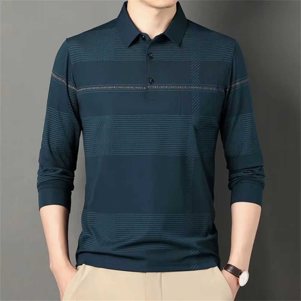 Mens Business Casual Long Sleeved Shirt Solid Color Polo Shirt Fashionable Breathable Comfortable Versatile Top 250319