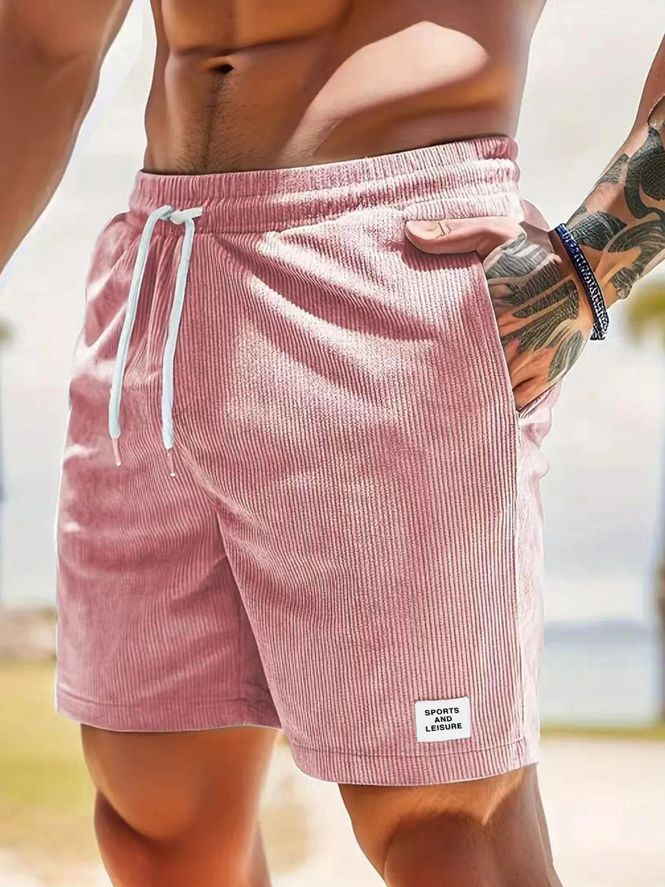 Summer Solid Color LaceUp Sweatpants Corduroy Simple Quarter Shorts Mens Casual Pants 250319