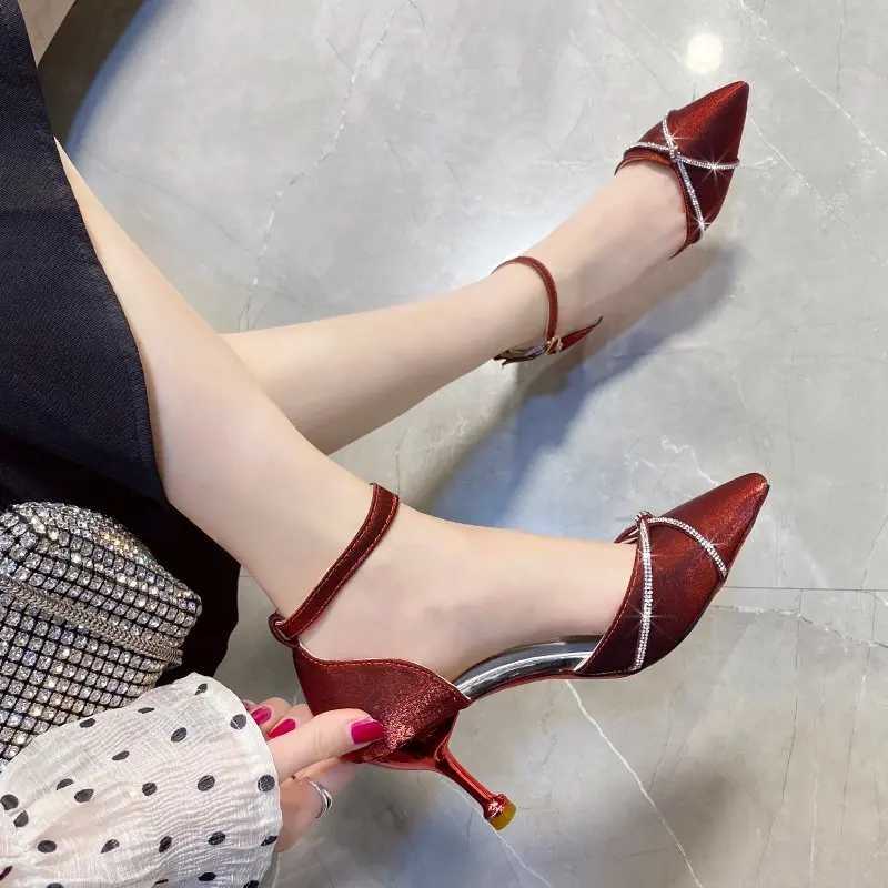 Red satin wedding shoes spring new pointy-ed rhinobas e-word buckle hollow wens single shoes stiletto h Y250319