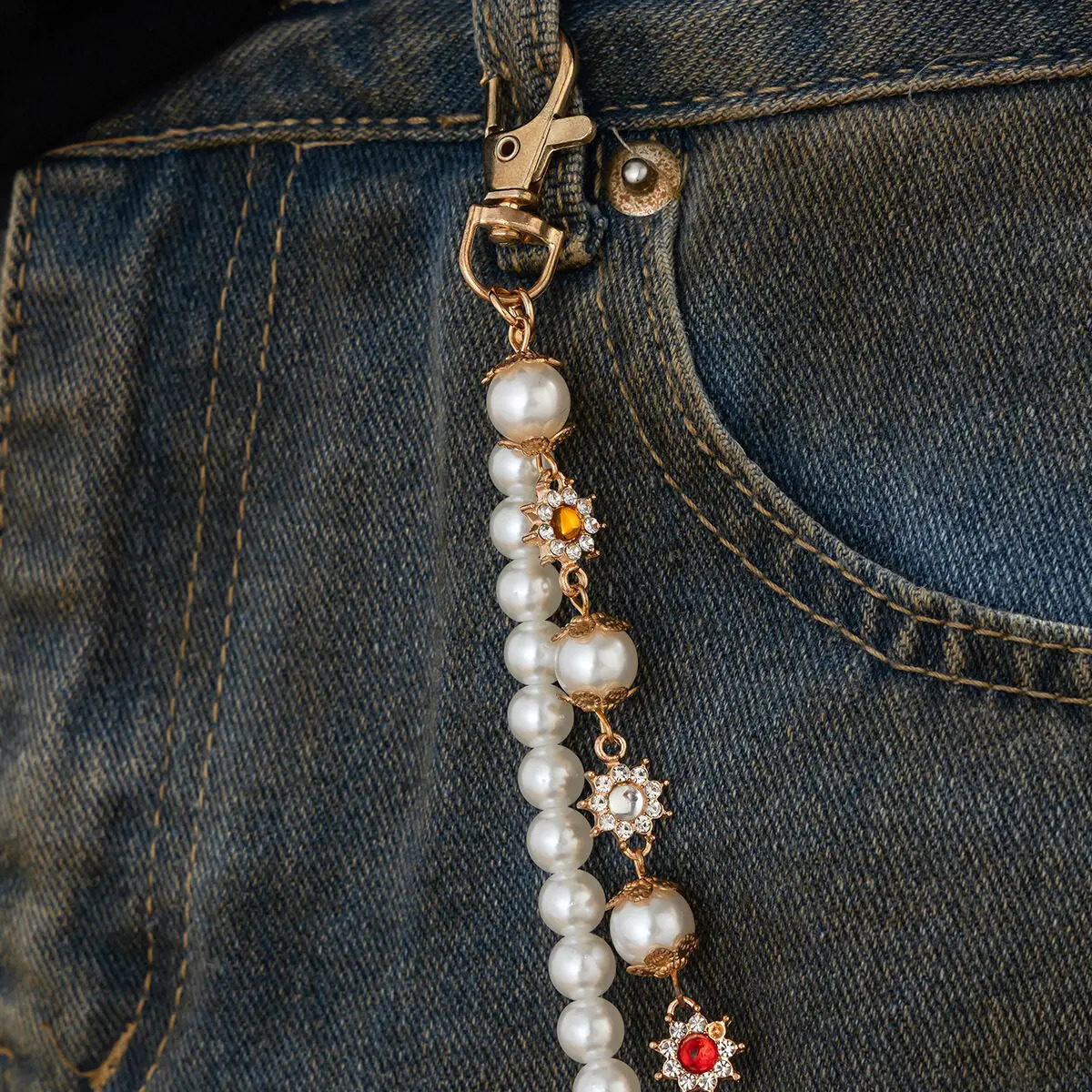 IngeSight.Z Fashion Pearl Rhinestone Flower Jeans Chain Keychain Men Women Trousers Hipster Pant Chain HipHop Jewelry 250320