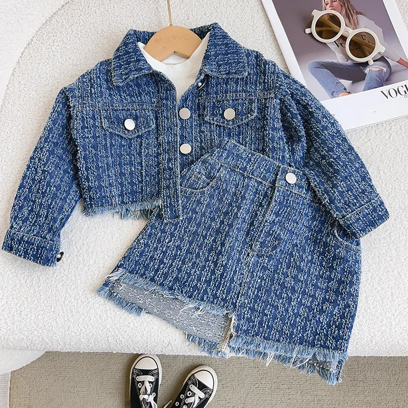 2014 SpringSummer Long Sleeve Girls Hong Kong Style Cowboy Jacket Short Two Piece Set 250319