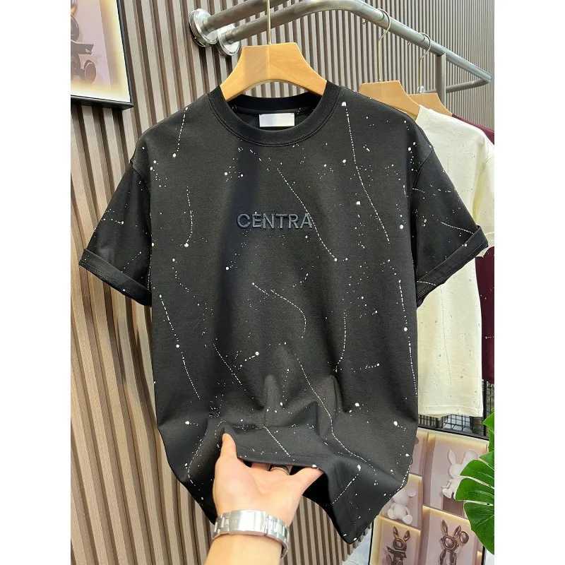 Fashion brand splash ink embroidered short sleeved T-shirt mens 2025 summer new fashion casual round neck half sleeved topT250319