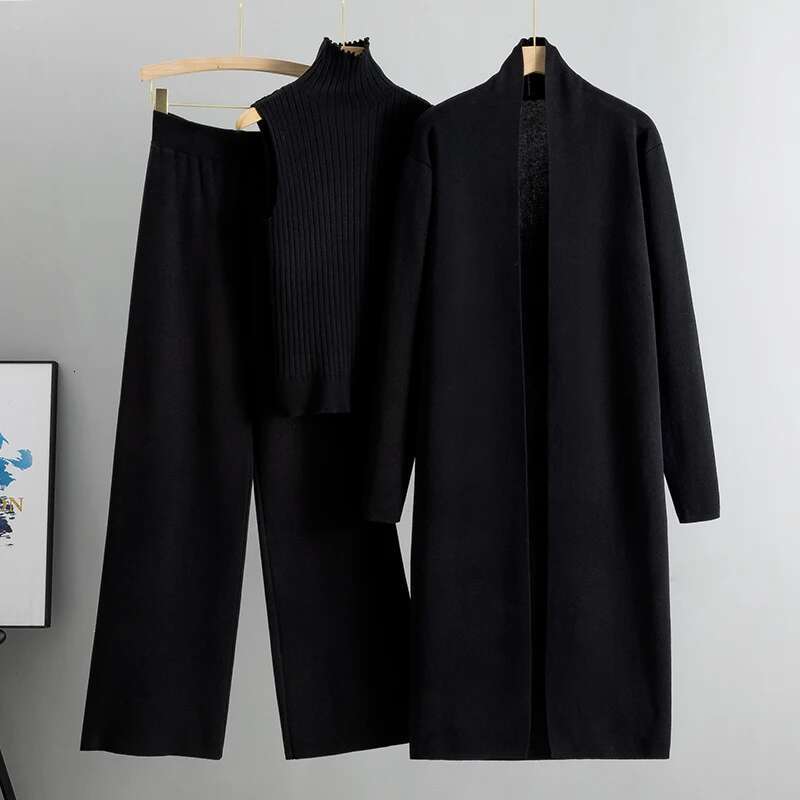 Spring Autumn Women Cardigan Tracksuits Knitted Pant Sweater Suit Vintage Fashion Ladies 3 Piece Set