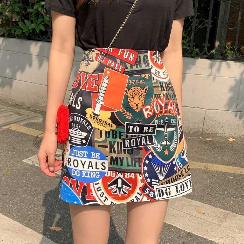 Europe American Grfiti Print Skirt Women Summer High Waist A-line Skirt Wrap Hip Short Personality Ins Trend Dress StreetwearXJ250320