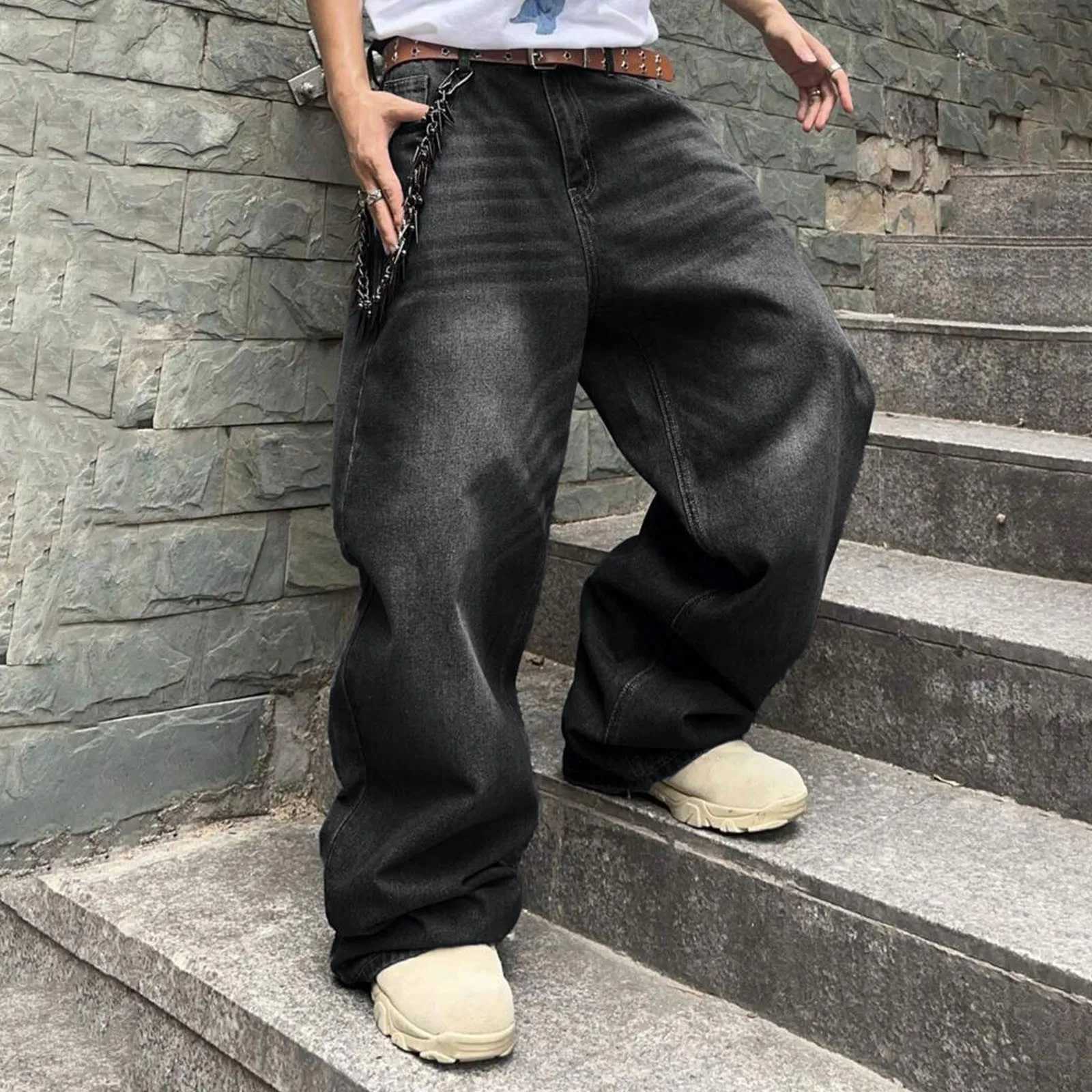 Mens loose denim pants wide legs high waistband casual Trousers loose plus size fashionable streetwear mens hip-hop streetwearT250319