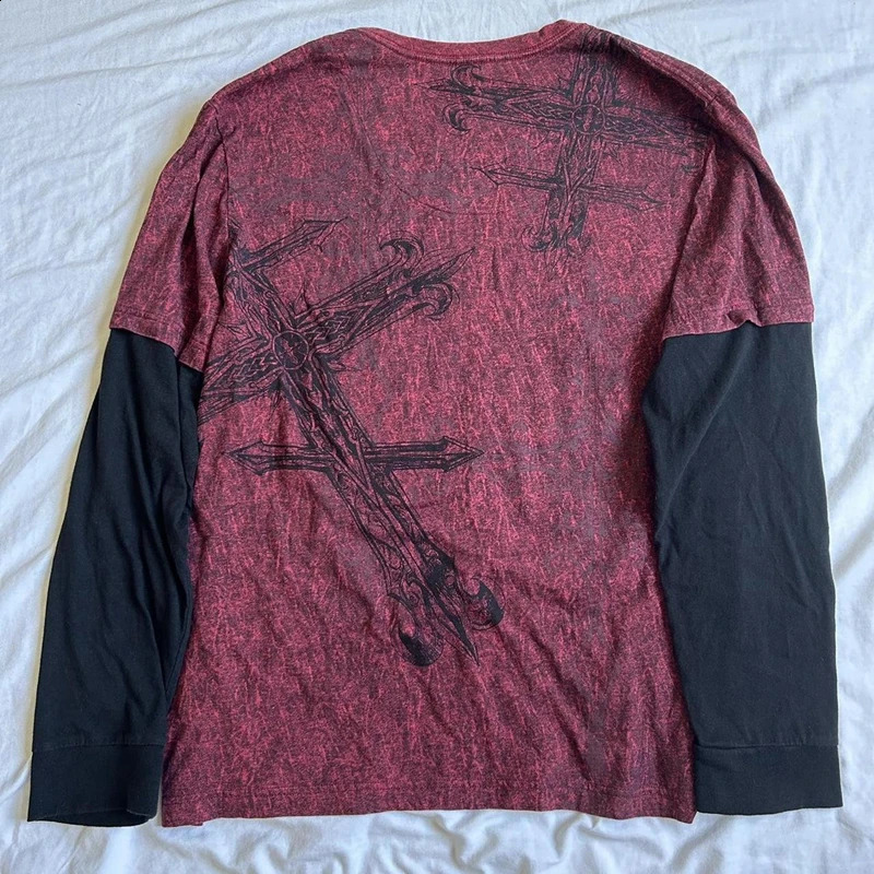 Y2K Grunge Emo Vintage T-shirt 2000s Cross Cyber Goth Patchwork Long Sleeve Tees E-girl Gothic Harajuku Loose Tops Women Men 250319