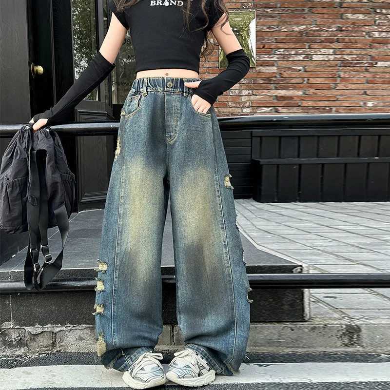 Childrens retro torn jeans suitable for girls fashionable high waisted spring and autumn broken holes wide legs teenagers childrens denim TrouserT2503