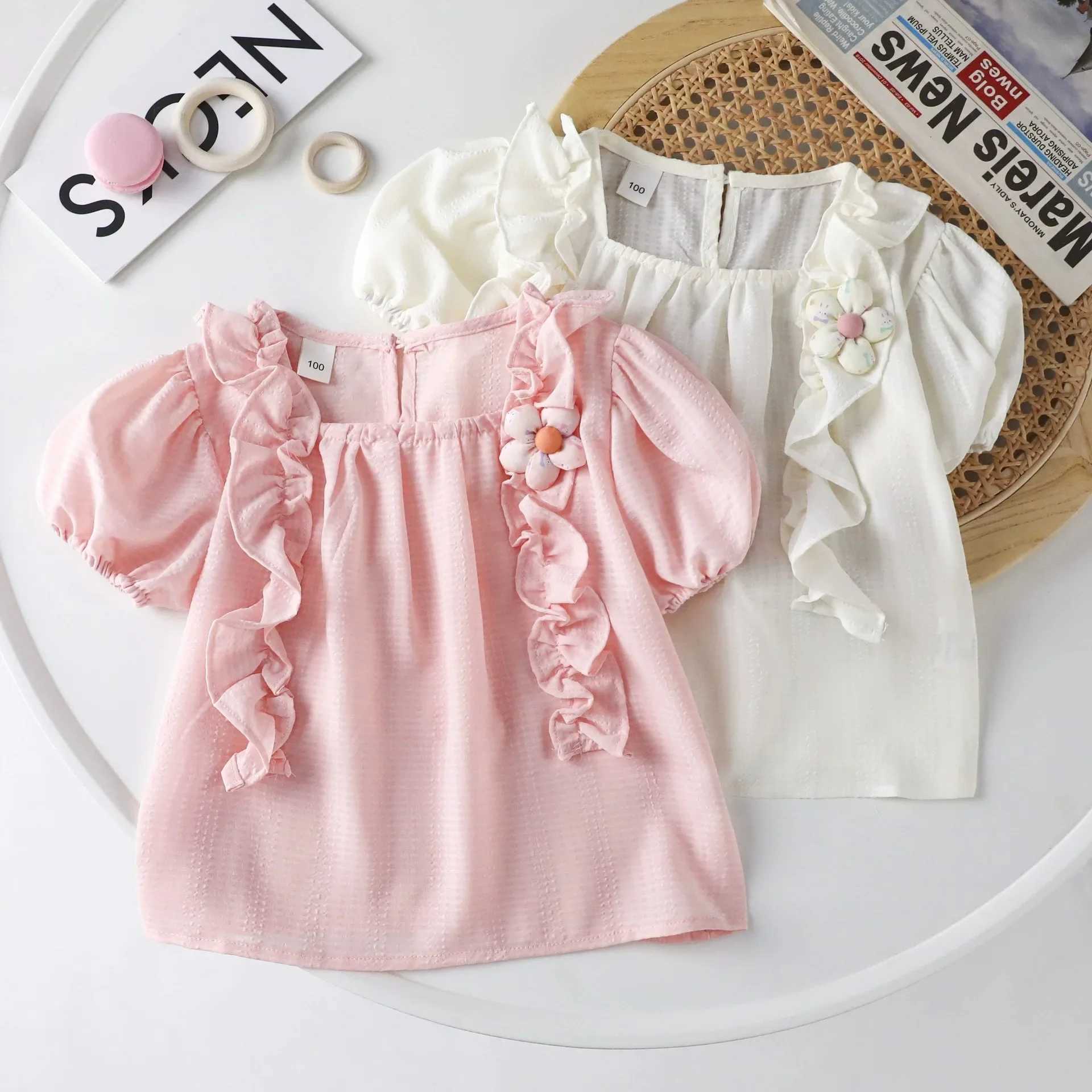 Baby Girls Blouses 2024 Summer Kids Flower Top Tees Childrens Puff T-shirt 1 to 6 Years Old Childrens Clothing PrincessT250320