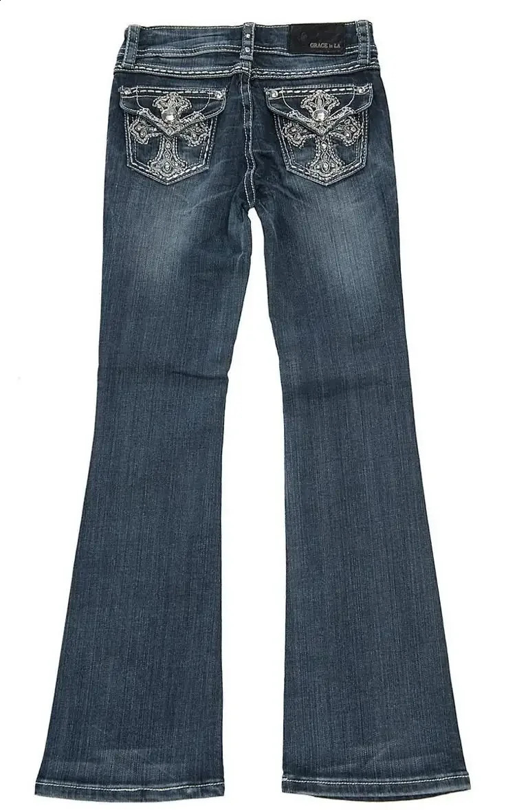Y2k Retro Gothic High Waited Jeans Diamond Embroidery Pattern Blue Jeans Woman Hip Micro Horn Baggy Jeans Street Clothing 250319