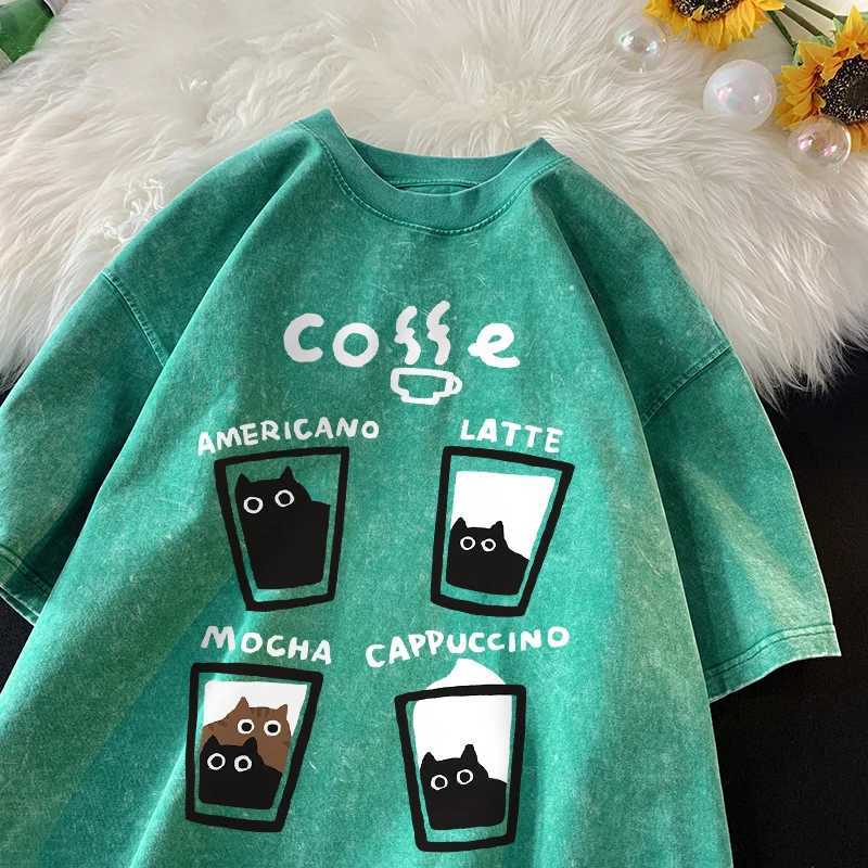 American retro fashion cat cotton T-shirt mens summer loose couple short sleeved top Harajuku Y2k retro washed T-shirtT250320