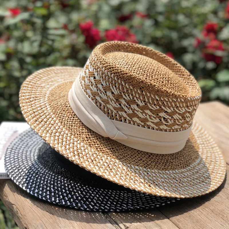 bohemian flat brim hat hand woven straw hat ladies summer vacation travel sun hat 250320