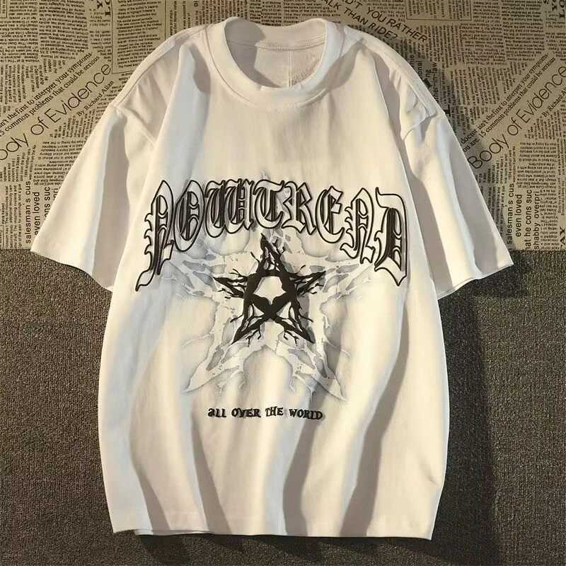 Heavy Cotton American Retro Star Short Sleeve T-shirt Men and Womens Fashion Brand Large Size Loose Half Sleeve Couple TopT250320