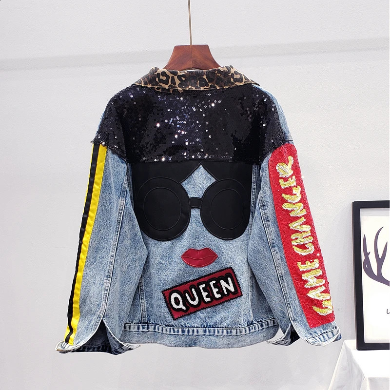 Sparkling loose denim jacket for girls high school party jeans Coats womens womens nightclub jacket Chaqueta Mujer 250317