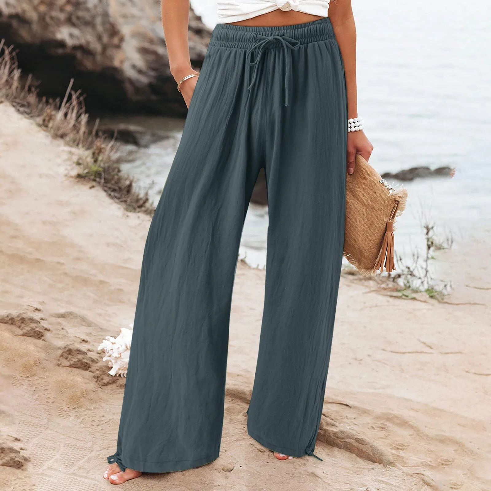 Womens Pant Cotton Linen Pants Drawstring Waist Wide Leg Loose Trousers with Pockets 250320