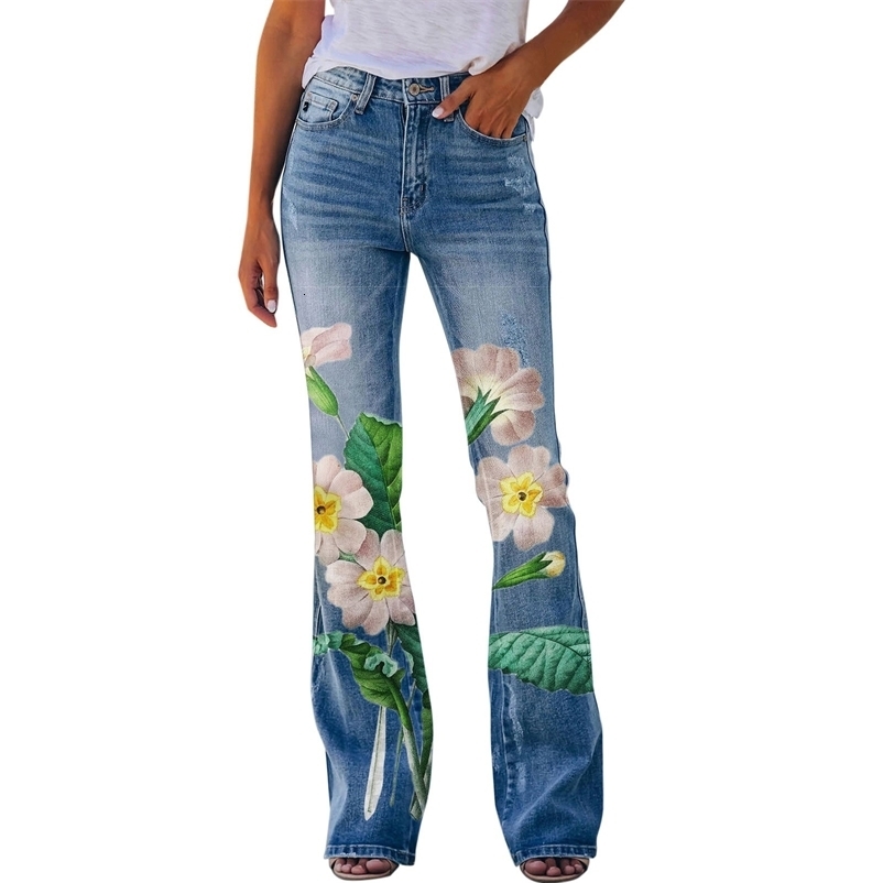 Y2K Ladies Retro Flared Pants Baggy Jeans Women Floral Printed Slim-Fit Denim Trousers Pantalones Streetwear 250319