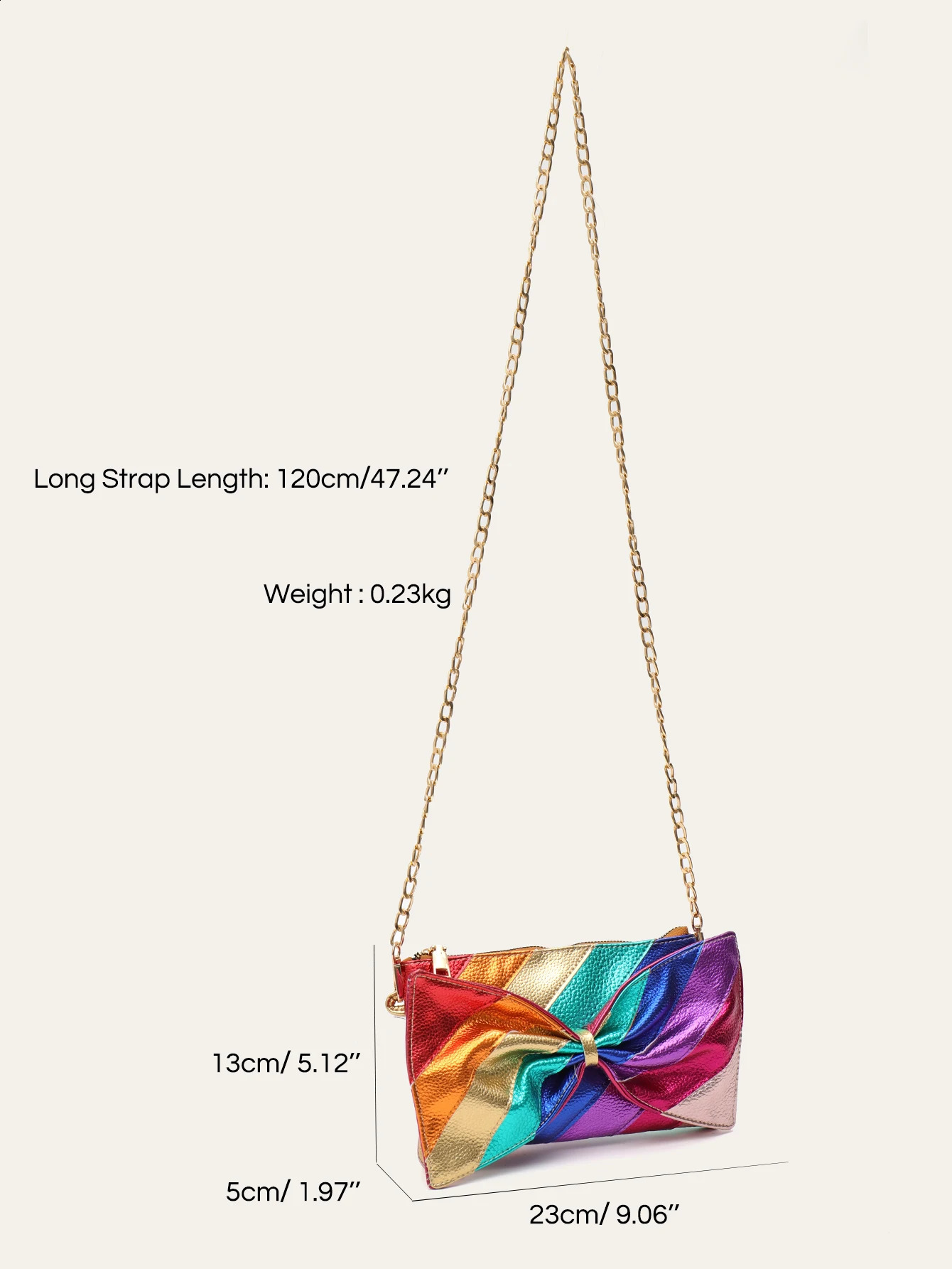metal vegan leather handbag with colorful striped patch work sweet PU bow clutch chain cross body bag Funky Y2K 250317