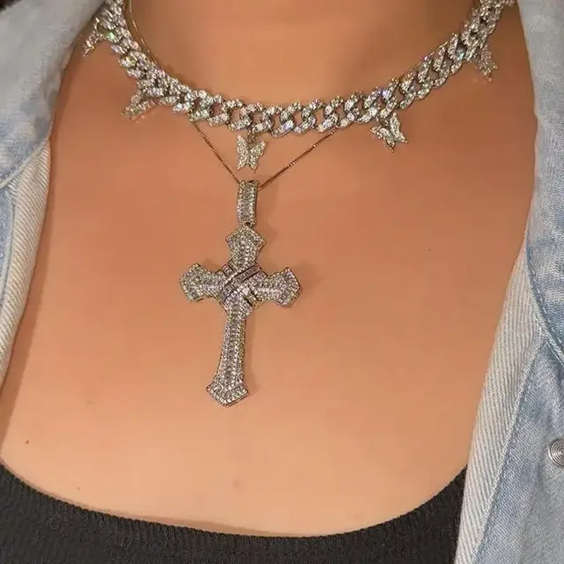 2025 Cross Pendant for Men Women Full Iced Out Cubic Zircon Hip Hop Necklace Link Chain Fashion Rock Jewelry 250318