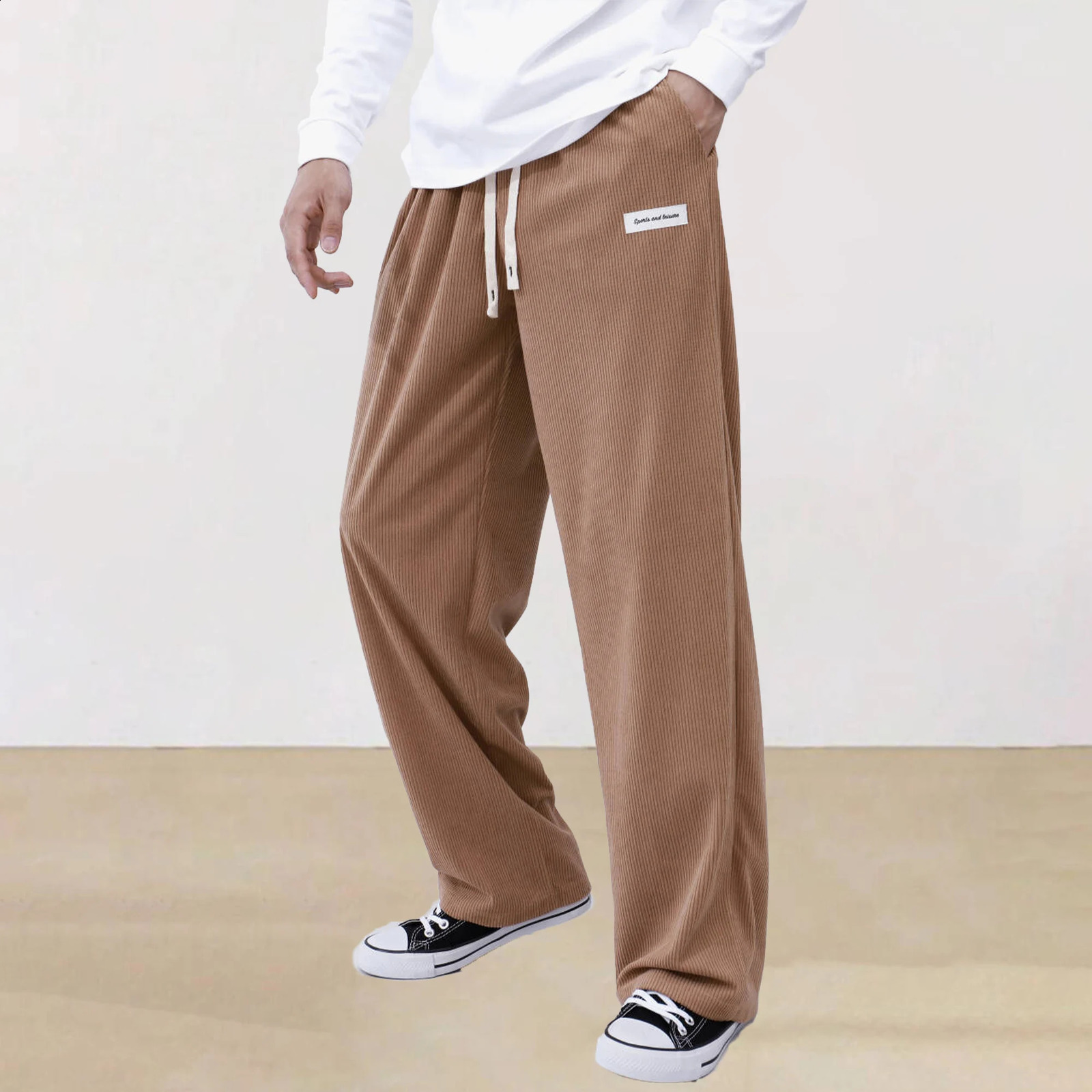 Summer solid color laceup sweatpants corduroy simple pants mens fall and winter casual 250317