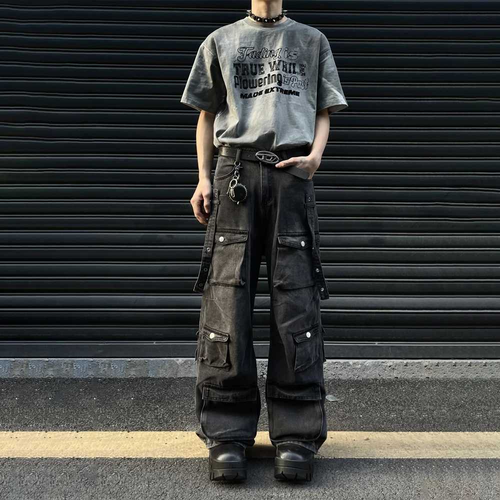 Black Cargo Jeans Men Baggy Multi-pocket Wide Leg Streetwear Trousers Summer 2024 Fashion Y2k Street Punk Vintage Denim PantsT250319