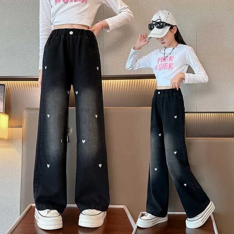 New Fashion Teen Girls Cowboy Wide Leg Pants Children Trousers Spring and Autumn Love Pattern Girls Jeans 5-14 Year Old Childrens ClothingT2502320