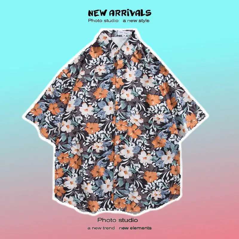 Mens street fashion summer daily shirt Hawaiian cartoon print casual loose shirt short sleeved beach loose top M250320