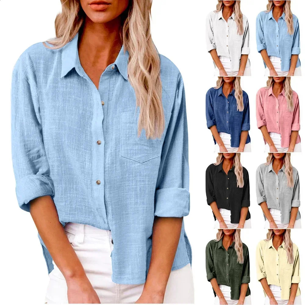 Cotton Linen Long Sleeve Shirts for Women T Shirt Solid Fashion T-Shirt Woman Clothes Tshirt Elegant Casual Tops Tees Streetwear 250314