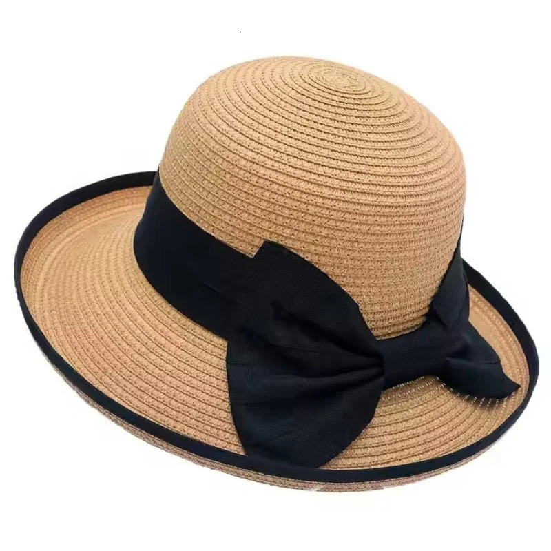 Spring Summer Woven Straw Hat Women Fashion Curled Edge Bow Fishing Hats for Travel Sun Protection Beach Sun Cap 250320