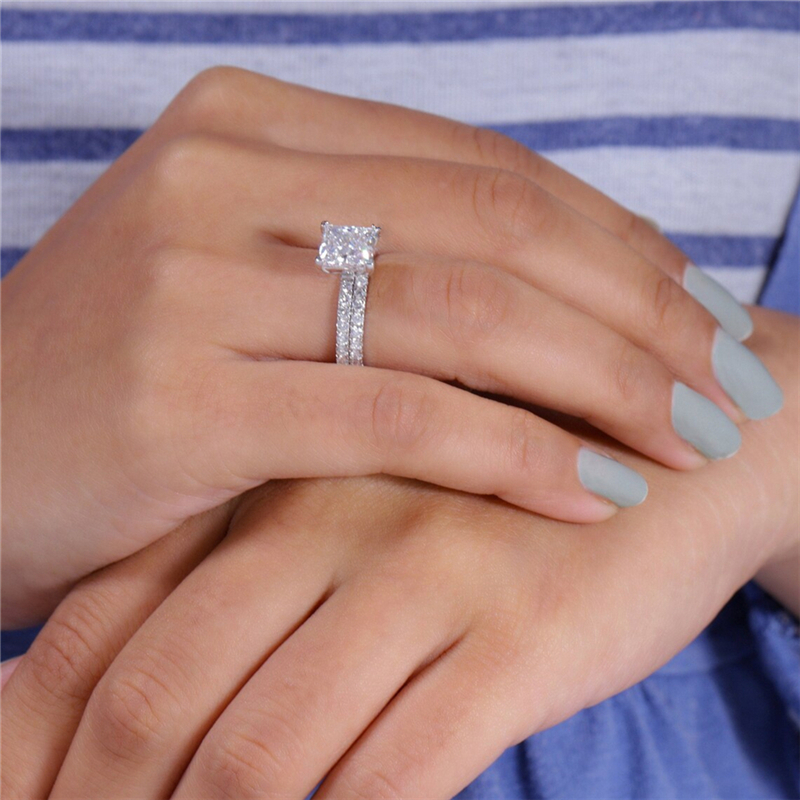 Jewelry 14K White Solid Gold Princess Cut 2.0 Carat Lab Diamond Engagement Ring Set Real Gold Ring Eternity Band For Wedding Gift
