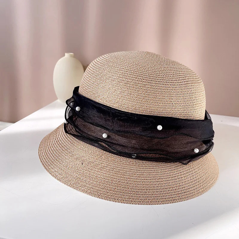 High Quality Summer Straw Hat 2025 Women Elegant Pearl Bow Hepburn Style Sun Hat Outdoor Folding Sun Protection Beach Hat 250320