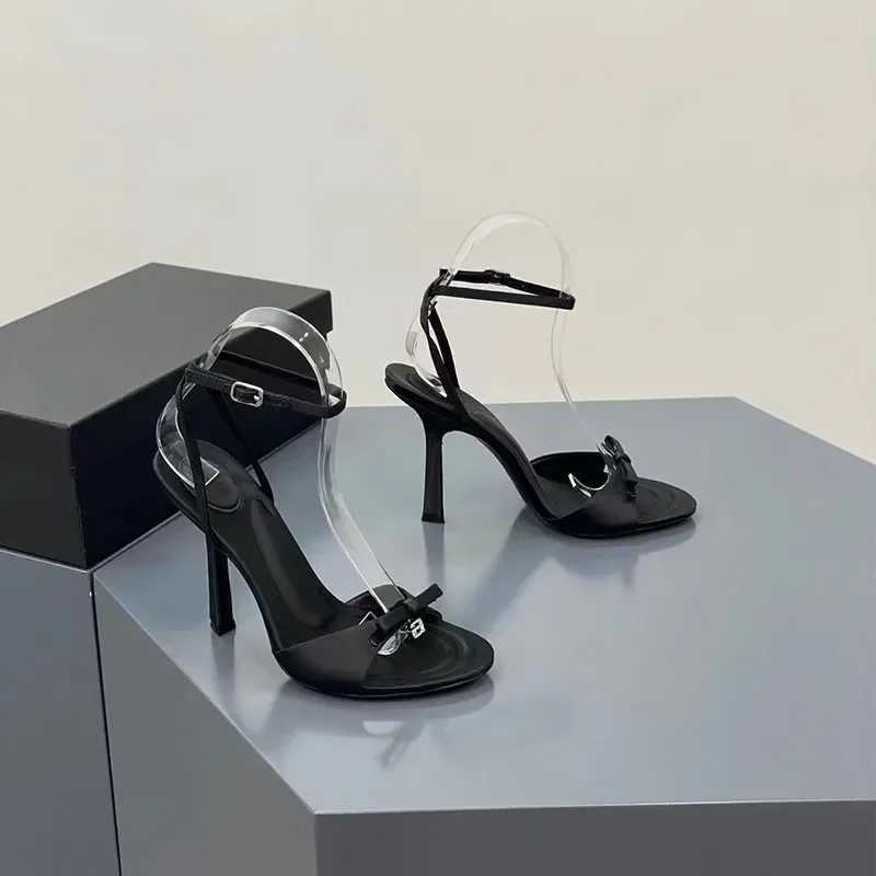 New Summer Bow Satin Heels Feminine Rhinestone Letters Stiletto Heels Open-toe Sandals Black Pink womens shoes sandalsC250319