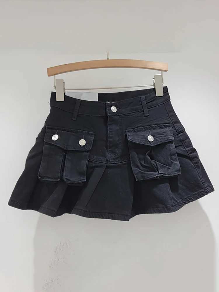 DEAT Womens Denim Skirts Patchwork Asymmetric Pockets Pleated A-line Short Cargo Miniskirt 2025 Spring New Fashion 29L6949XJ250320