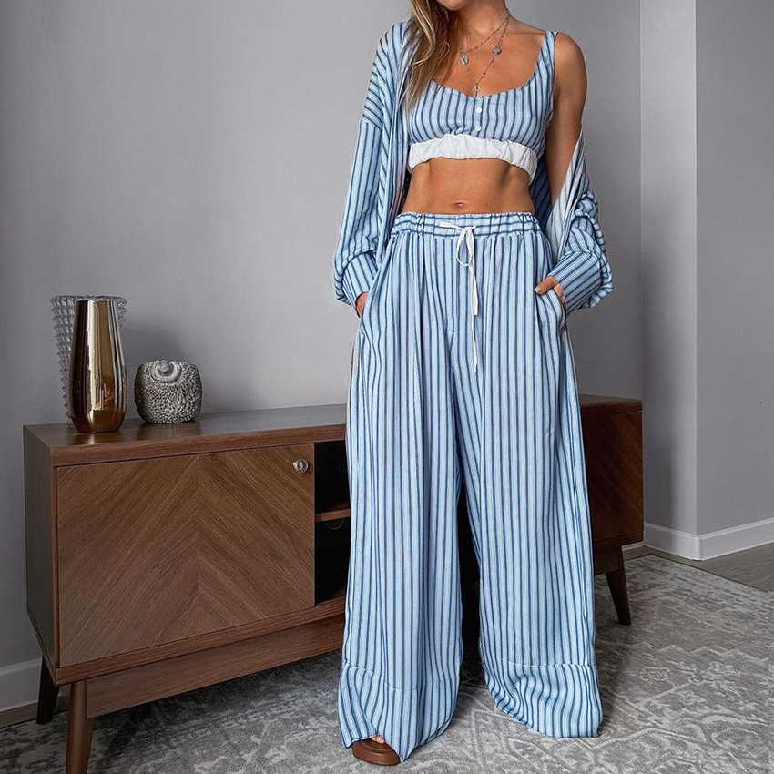2025 Spring New Stripe Printed Pajama 3-Piece Set, Tank Top, Long Sleeve Pants, Women's Home Clothes