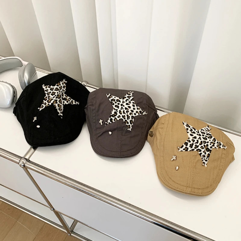 American Retro Babe Style Berets Y2k Summer Versatile Fashion Leopard Print Sticker n Sun Protection Forward Hats Woman 250320