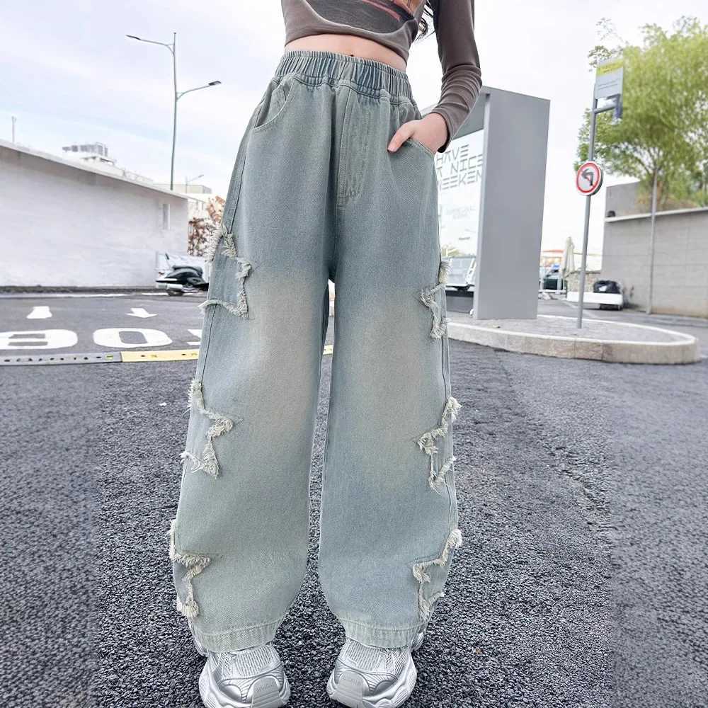 Teen School Children Trouser Spring 2025 Celebrity Design Casual Loose Jeans Girls Elastic Waist Fashion Childrens Straight PantsT250326