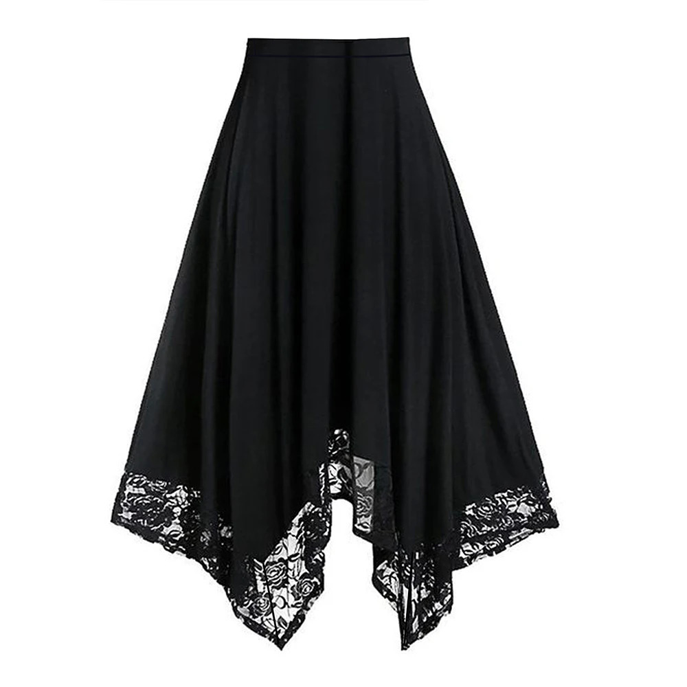 Gothic Black Skirt Womens A-Line Skirts Retro Irregular Lace Patchwork Hem Elastic Waist Half Skirts Femme Halloween Streetwear 250320