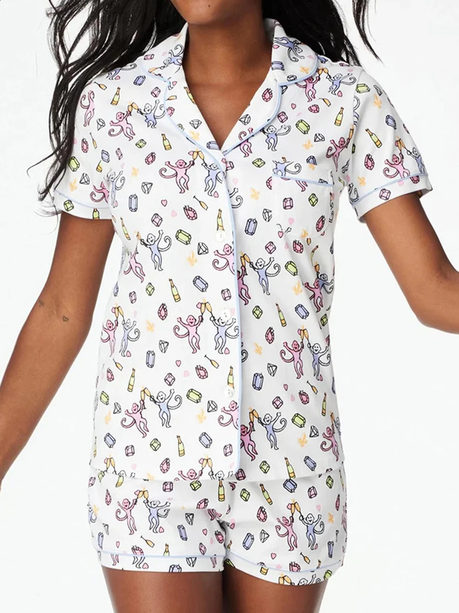 Womens Preppy Sheep Monkey Print Pajamas Aesthetic Cute Pjs Y2k Two Piece Pajamas Shorts Pj Shirts Sets Sleepwear 250319