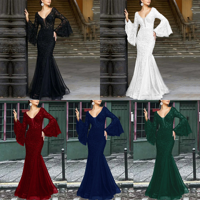 2025 New Women's Lace Embroidered Fish Tail Black Slimming Evening Dress